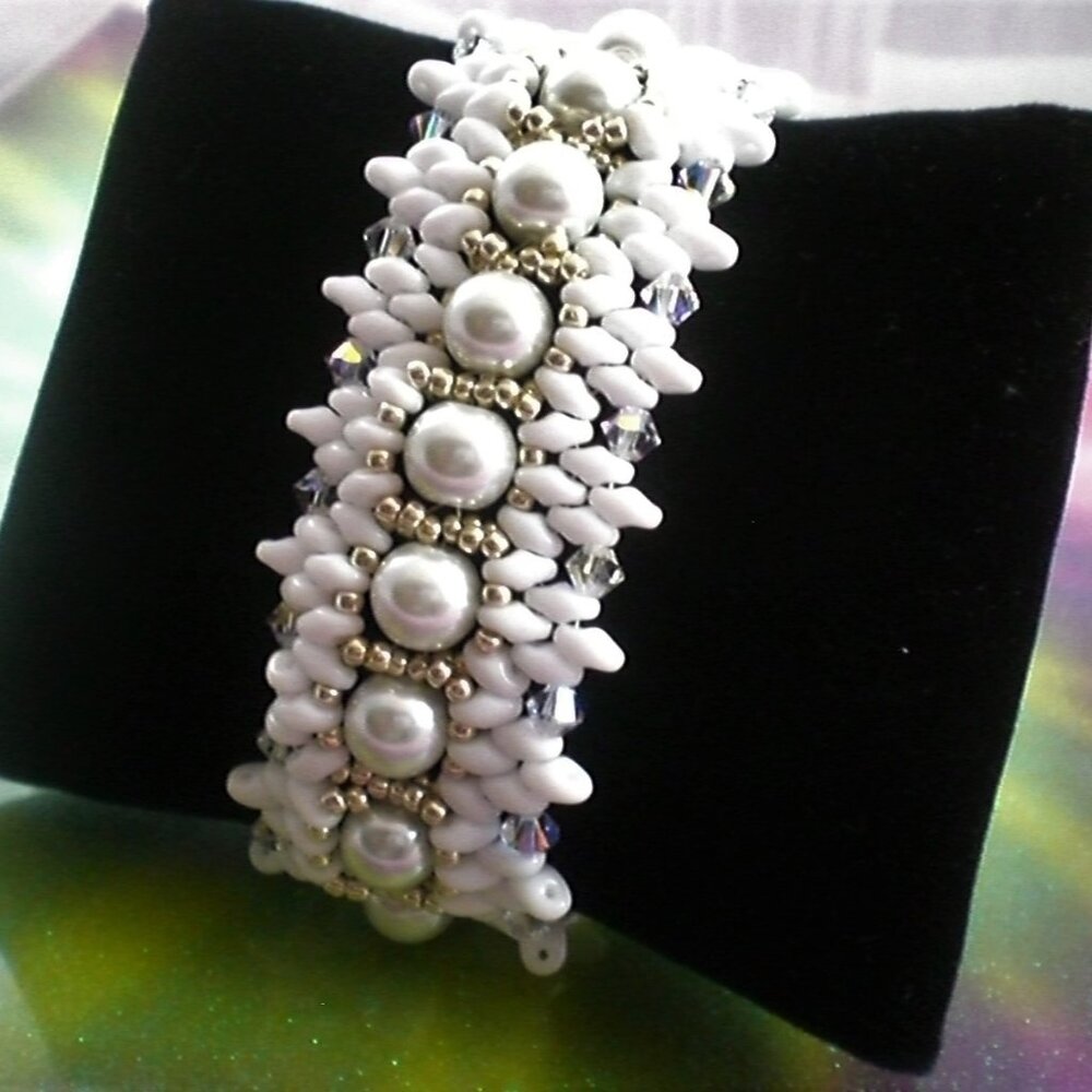 Genesis Pearl Wedding Bracelet; Hand Beaded, Couture, Wedding, White Pearls - Picture 2 of 5